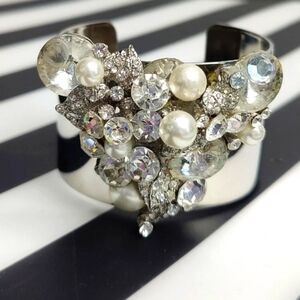Silver Rhinestone Pearl Statement Cuff Bracelet